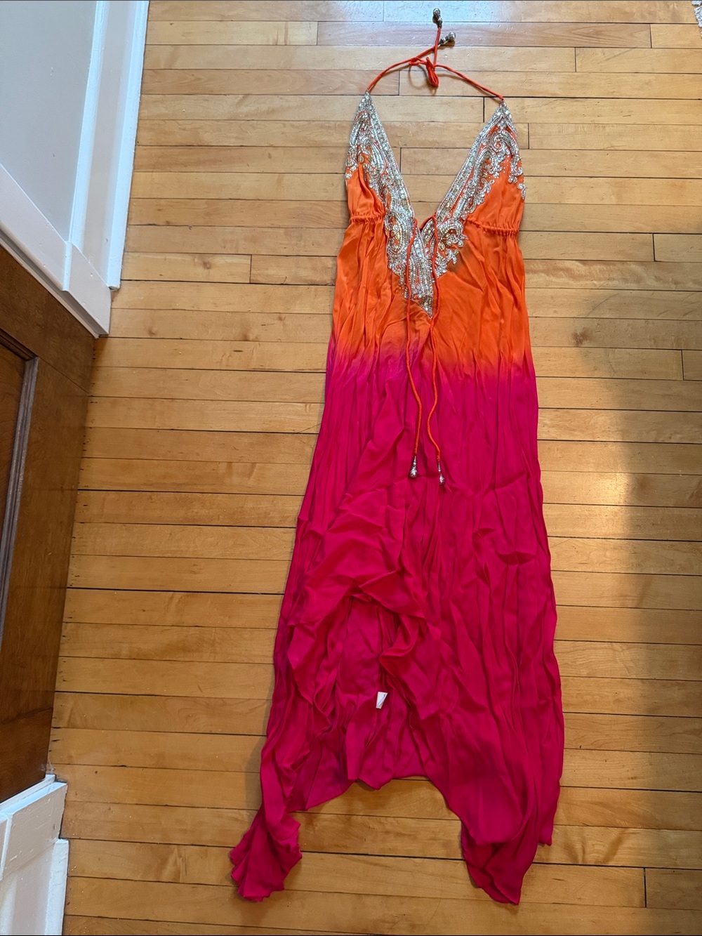 AKIRA Orange to Pink Ombre Maxi Dress with Silver Sequin Detail